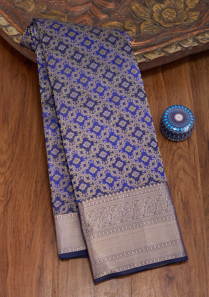 Royal Blue Silk Jaal Gold Zariwork Saree With Matching Blouse Piece