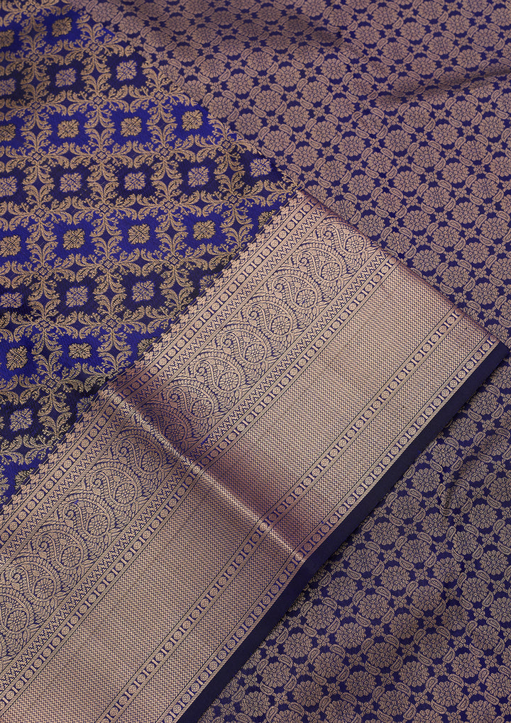 Royal Blue Silk Jaal Gold Zariwork Saree With Matching Blouse Piece