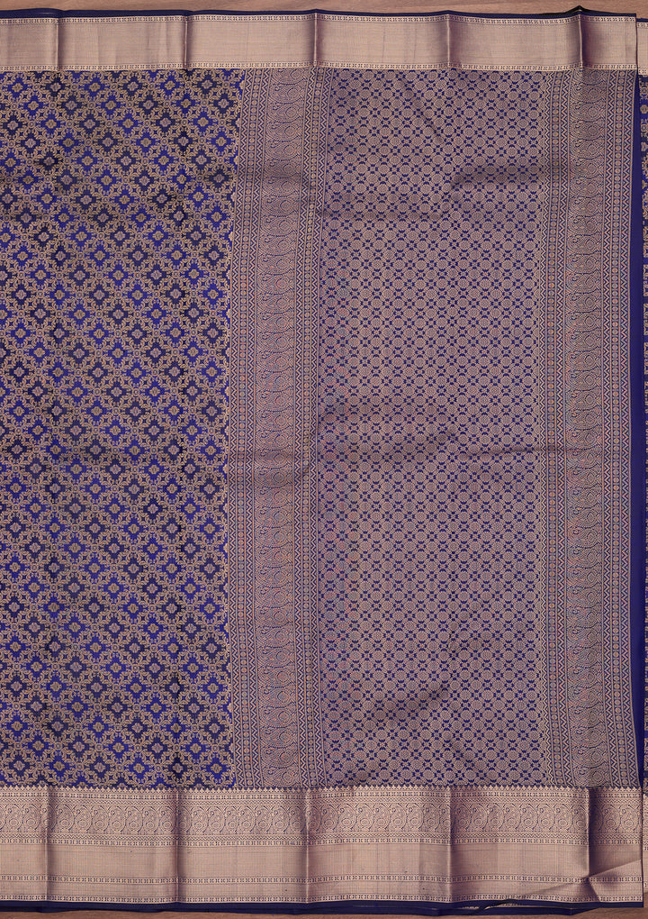Royal Blue Silk Jaal Gold Zariwork Saree With Matching Blouse Piece