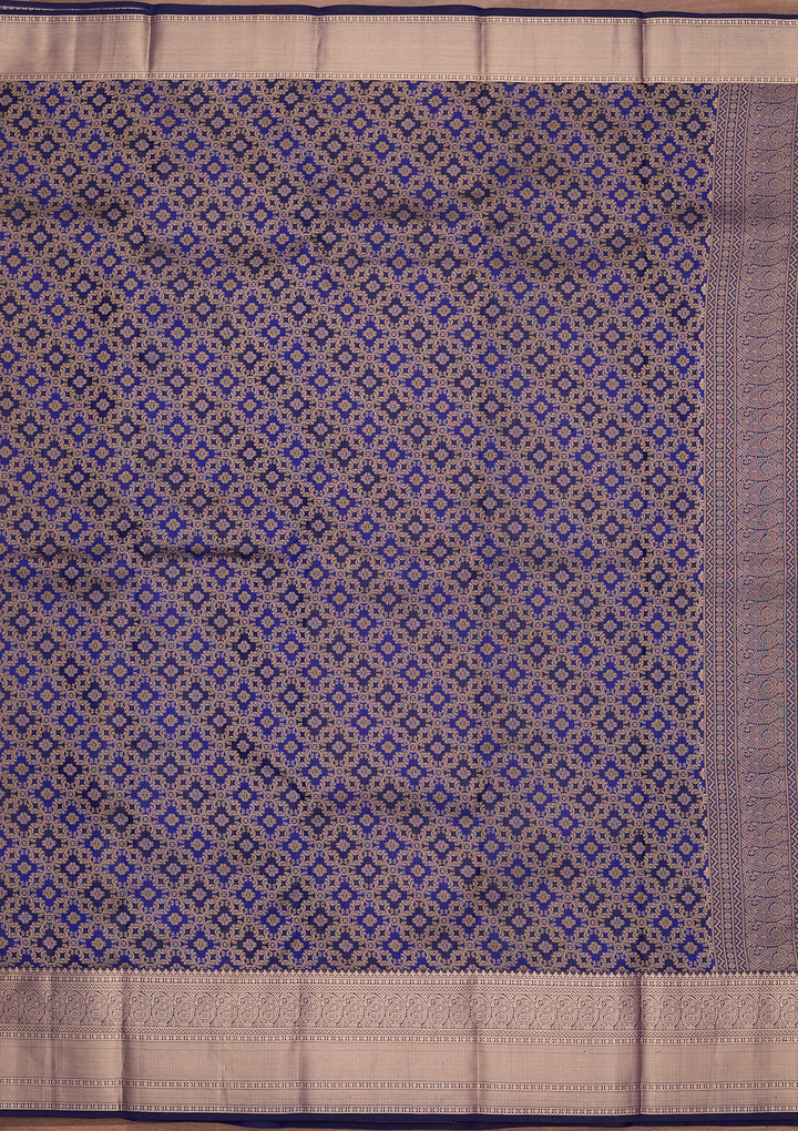 Royal Blue Silk Jaal Gold Zariwork Saree With Matching Blouse Piece