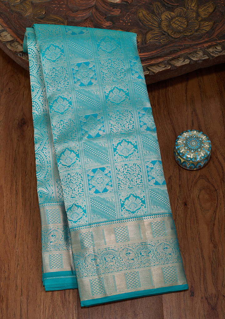 Peacock Blue Silk Jaal Gold Zariwork Saree With Matching Blouse Piece