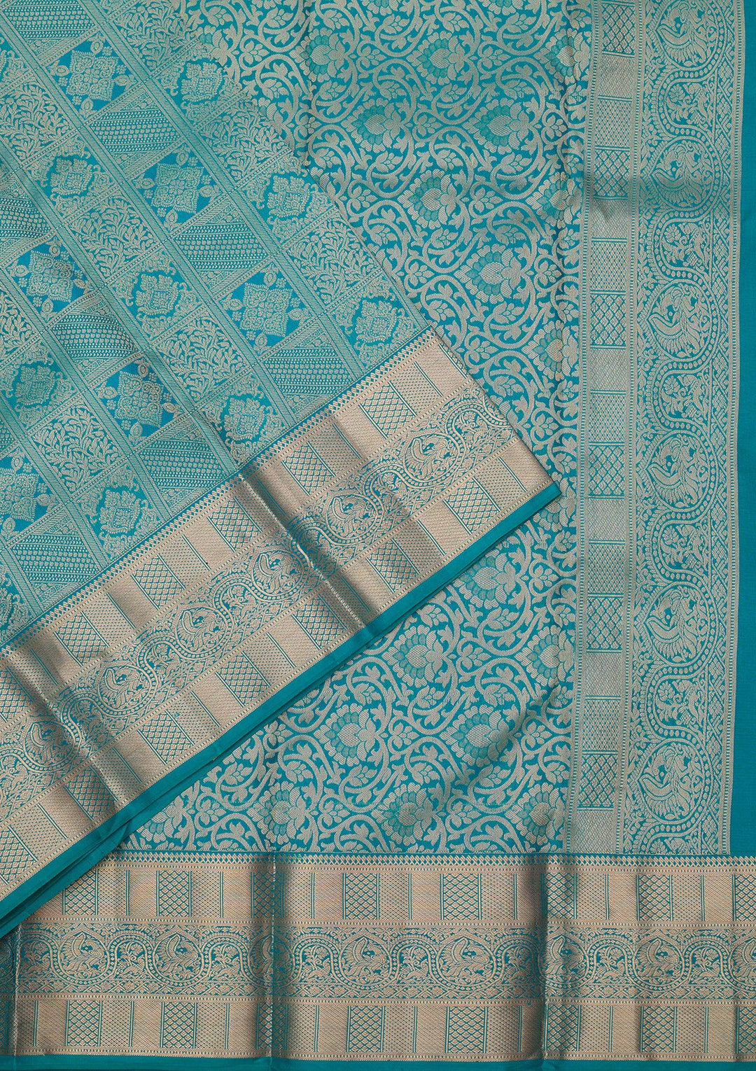 Peacock Blue Silk Jaal Gold Zariwork Saree With Matching Blouse Piece