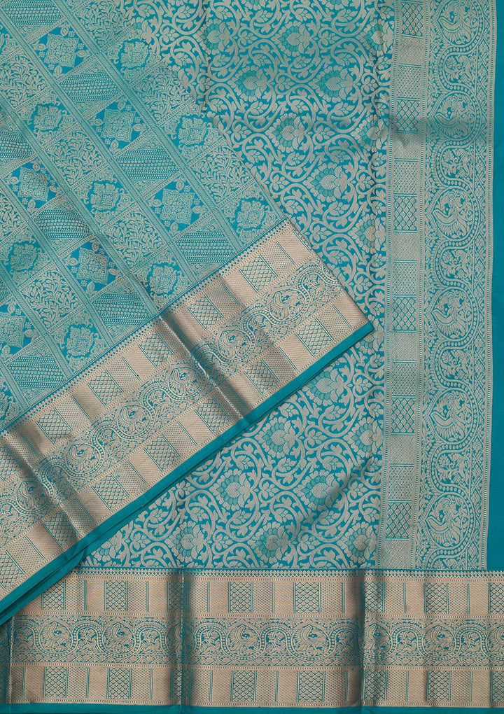 Peacock Blue Silk Jaal Gold Zariwork Saree With Matching Blouse Piece