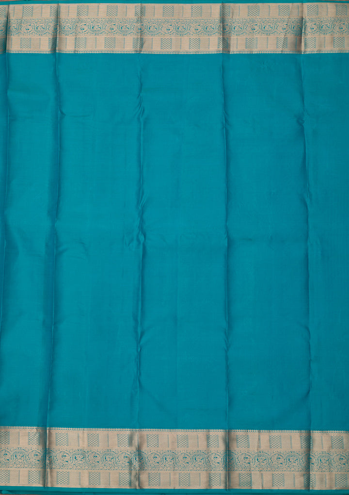 Peacock Blue Silk Jaal Gold Zariwork Saree With Matching Blouse Piece
