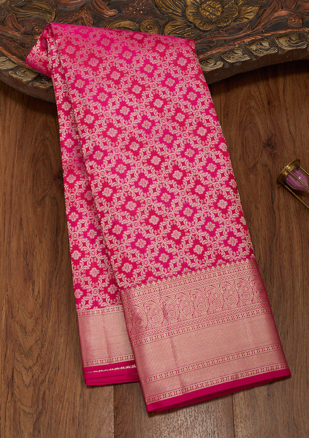 Rani Pink Silk Jaal Saree With Matching Blouse Piece