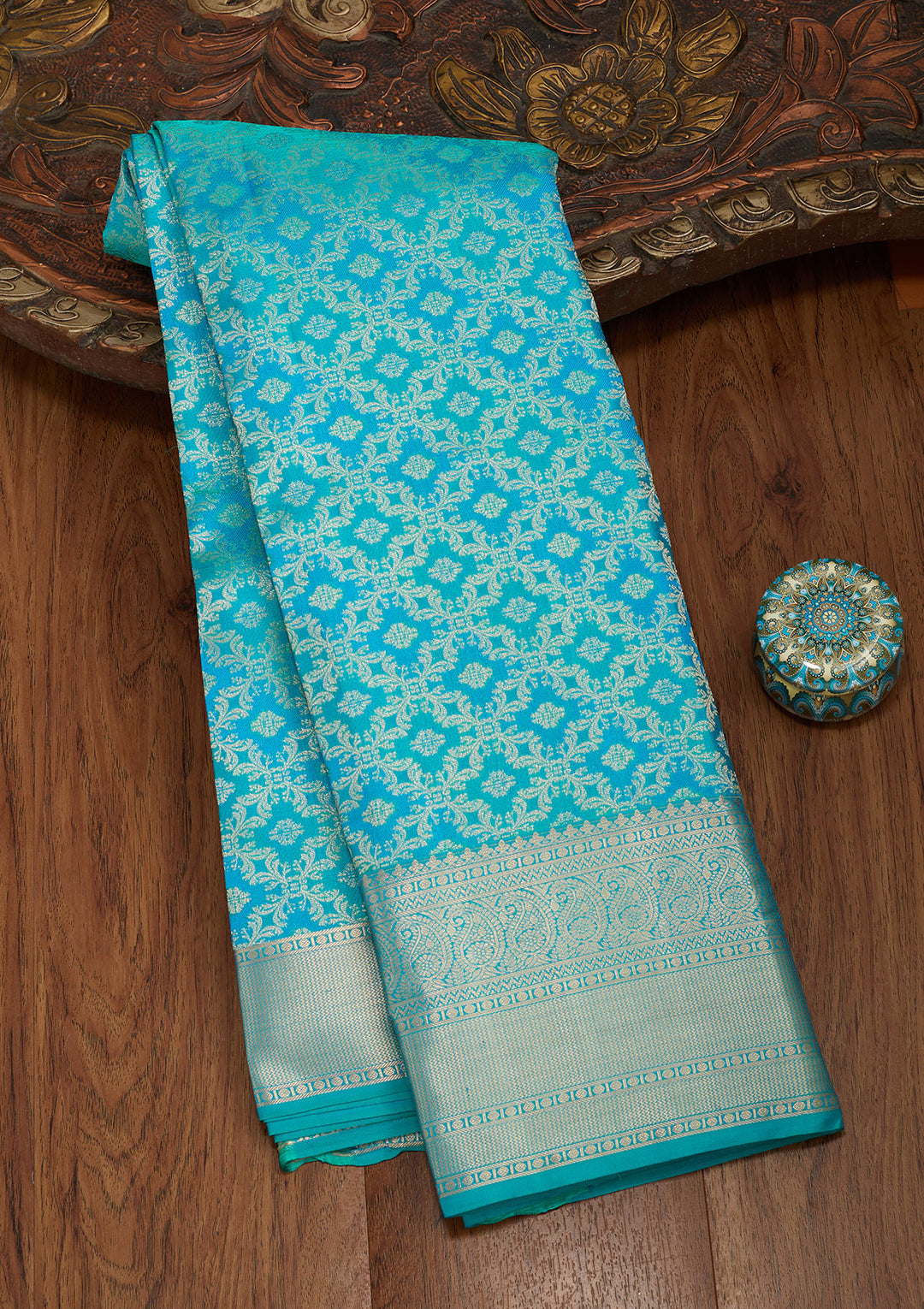 Turquoise Blue Silk Jaal Saree With Matching Blouse Piece