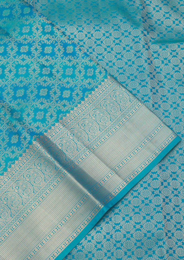 Turquoise Blue Silk Jaal Saree With Matching Blouse Piece