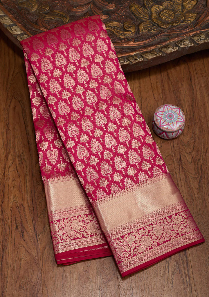 Magenta Pink Silk Jaal Gold Zariwork Saree With Matching Blouse Piece