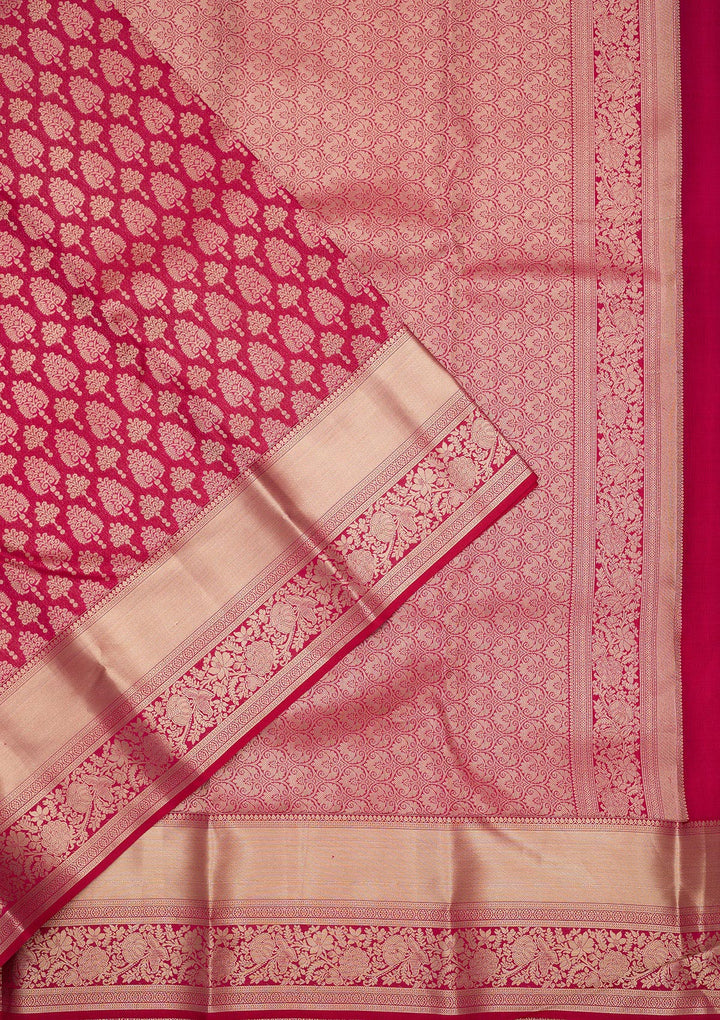 Magenta Pink Silk Jaal Gold Zariwork Saree With Matching Blouse Piece