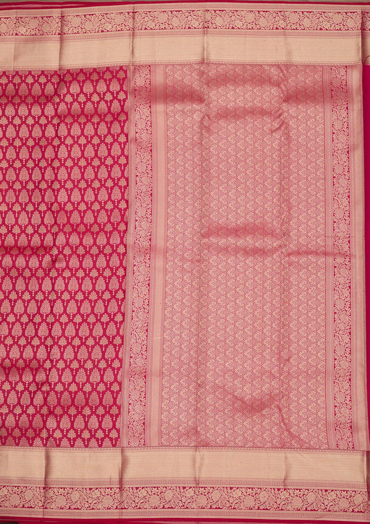 Magenta Pink Silk Jaal Gold Zariwork Saree With Matching Blouse Piece