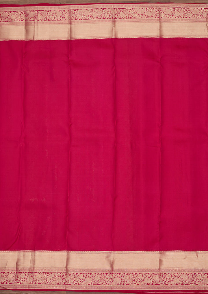 Magenta Pink Silk Jaal Gold Zariwork Saree With Matching Blouse Piece