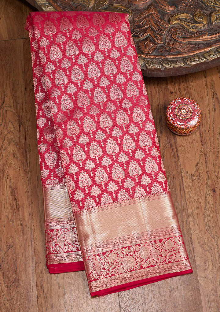 Maroon Silk Jaal Gold Zariwork Saree With Matching Blouse Piece