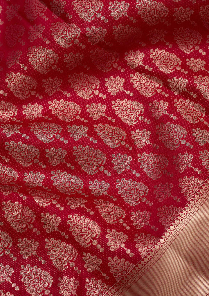 Maroon Silk Jaal Gold Zariwork Saree With Matching Blouse Piece