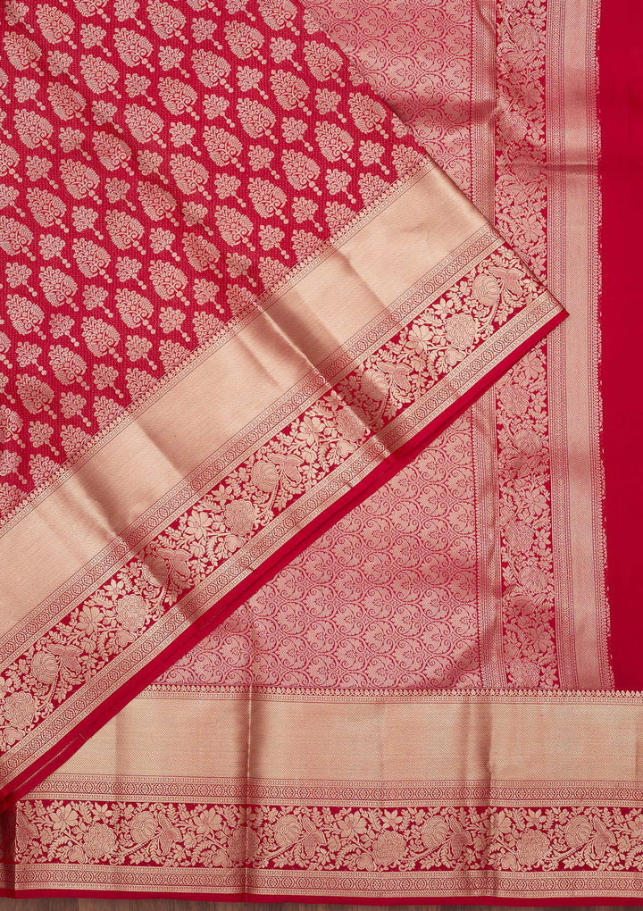 Maroon Silk Jaal Gold Zariwork Saree With Matching Blouse Piece