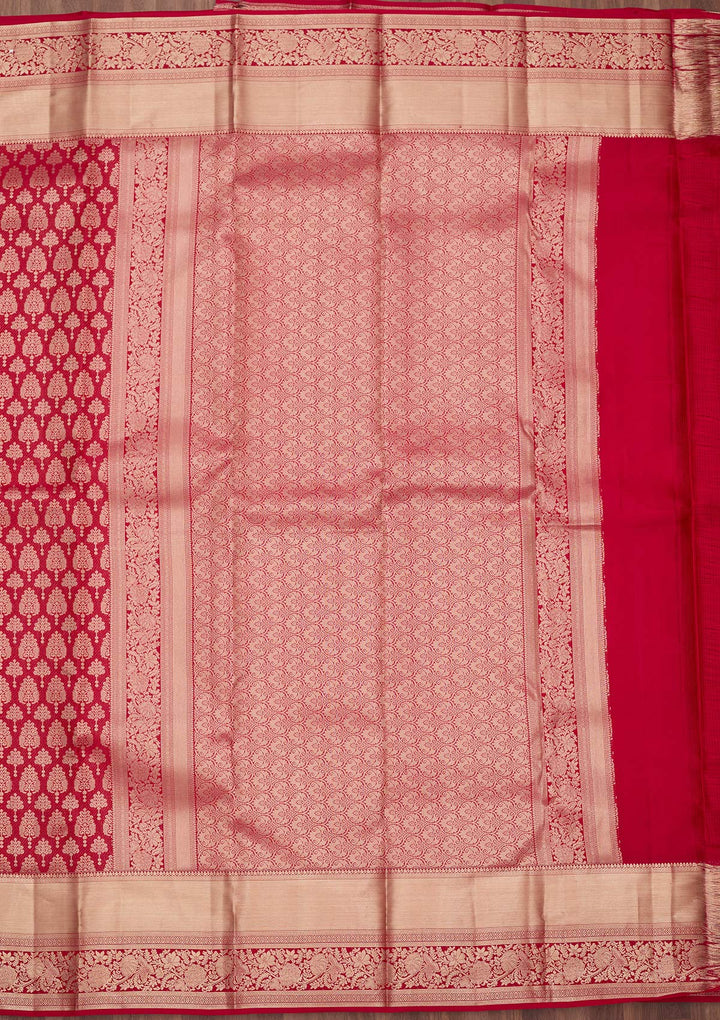 Maroon Silk Jaal Gold Zariwork Saree With Matching Blouse Piece