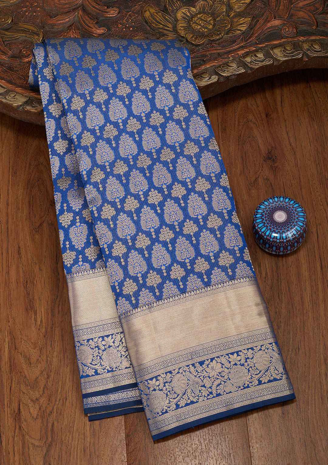 Navy Blue Silk Jaal Saree With Matching Blouse Piece