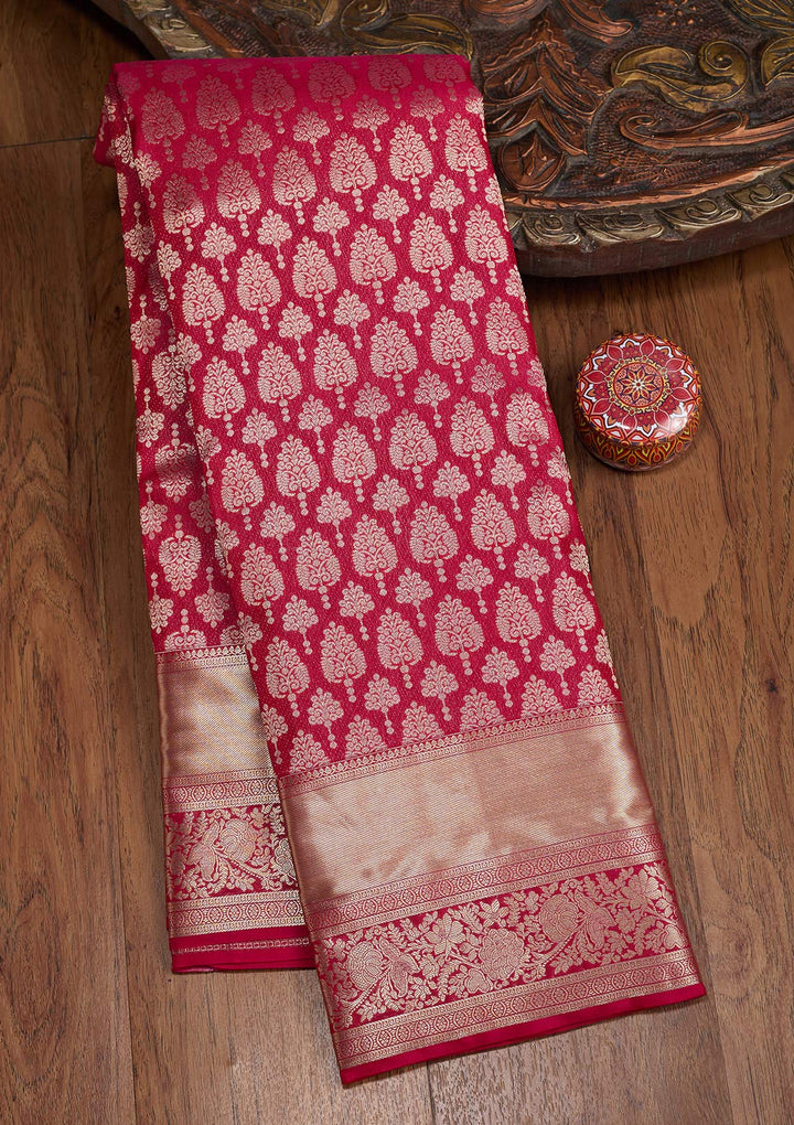 Rani Pink Silk Jaal Gold Zariwork Saree With Matching Blouse Piece