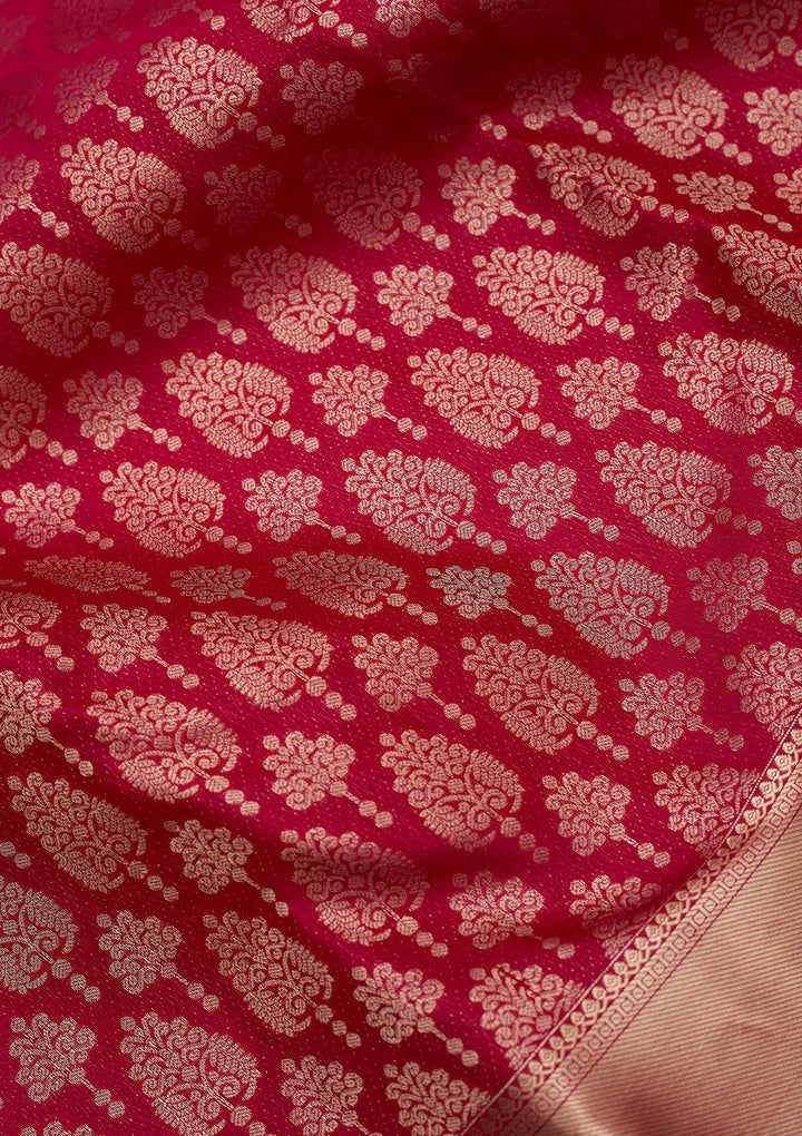 Rani Pink Silk Jaal Gold Zariwork Saree With Matching Blouse Piece
