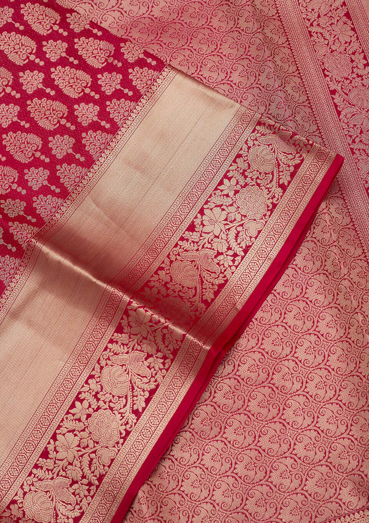 Rani Pink Silk Jaal Gold Zariwork Saree With Matching Blouse Piece