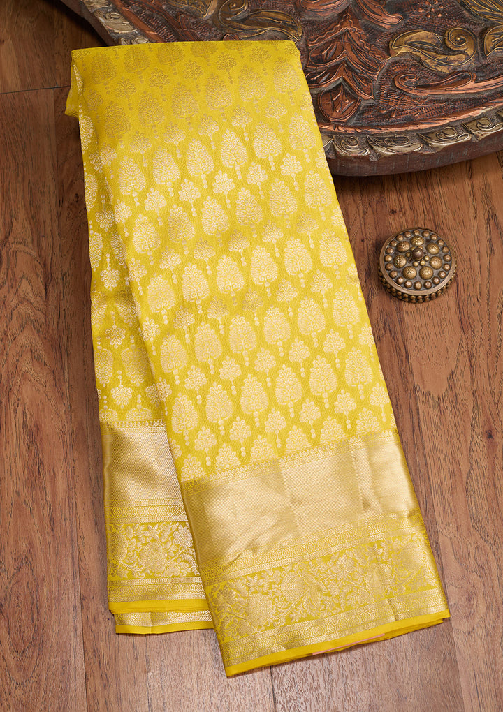 Yellow Silk Jaal Gold Zariwork Saree With Matching Blouse Piece