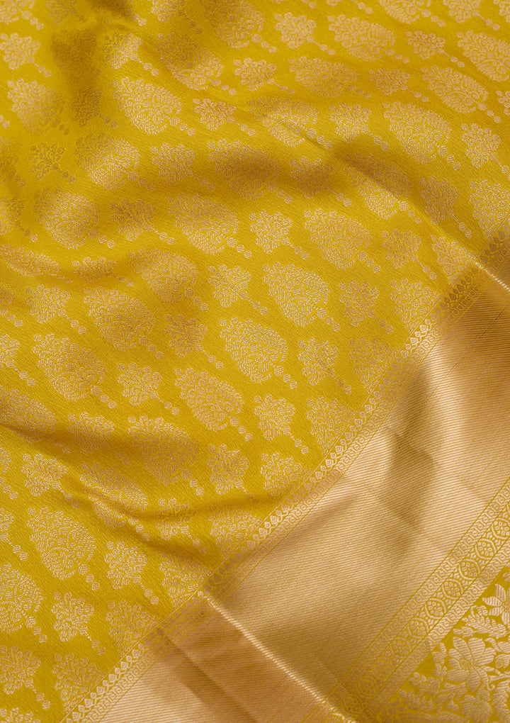 Yellow Silk Jaal Gold Zariwork Saree With Matching Blouse Piece