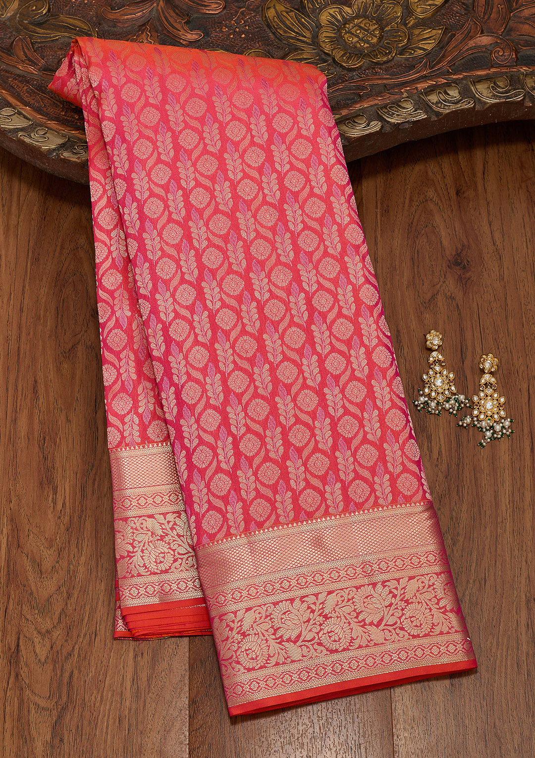 Orange Pure Silk Jaal Zariwork Saree With Matching Blouse Piece