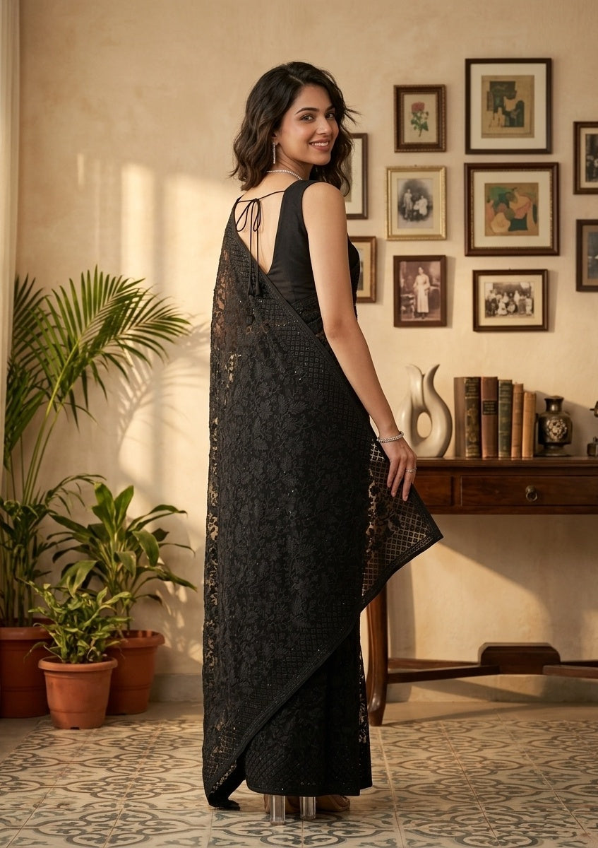 Black Georgette Threadwork Saree With Matching Blouse Piece