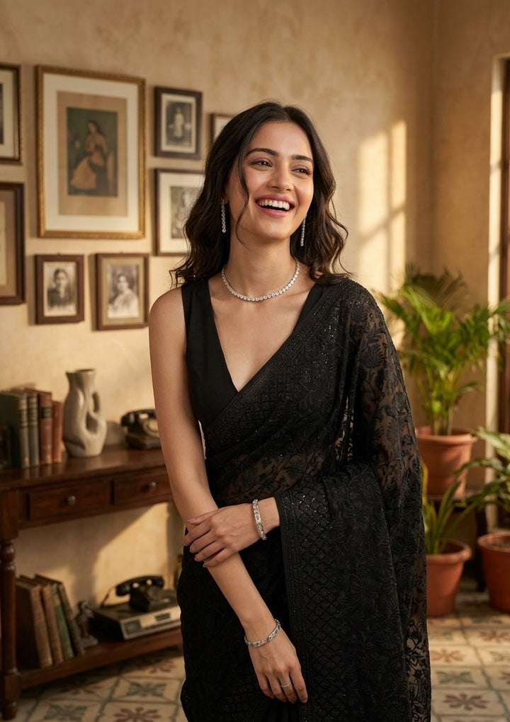 Black Georgette Threadwork Saree With Matching Blouse Piece