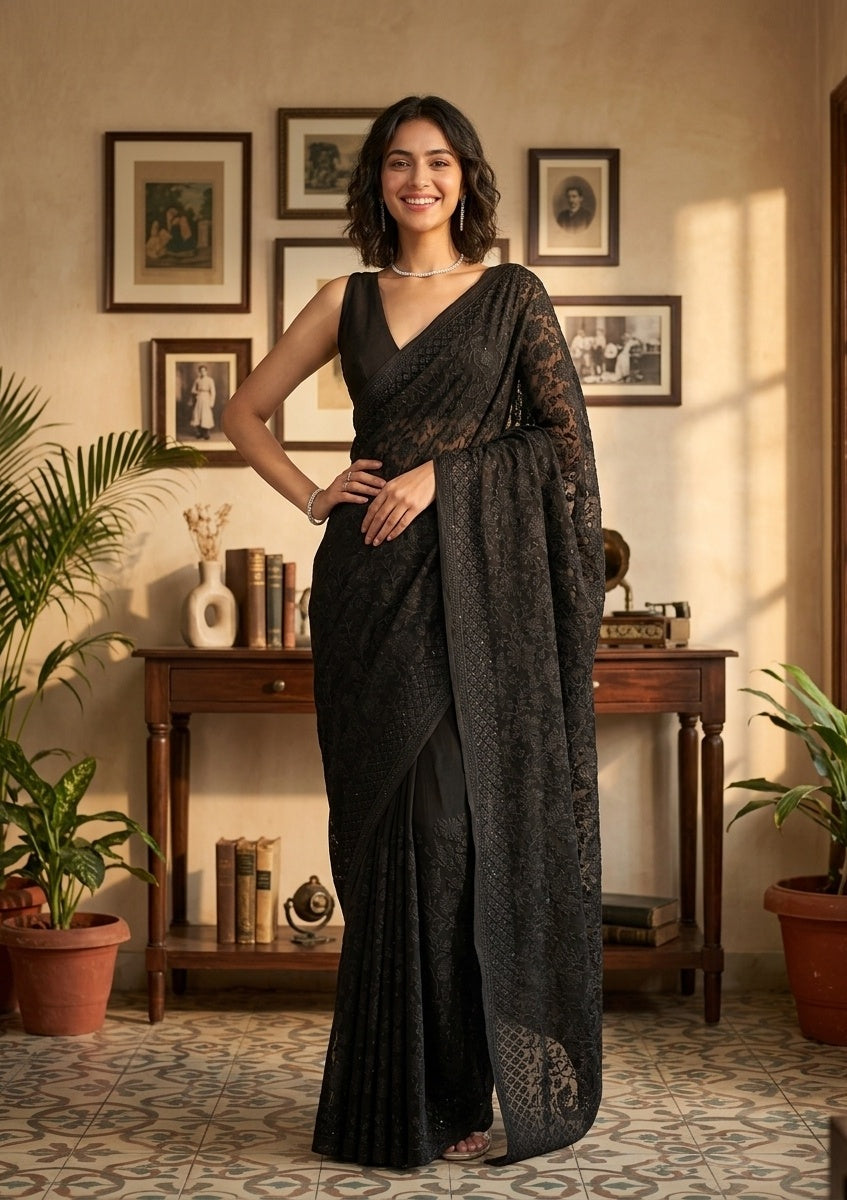 Black Georgette Threadwork Saree With Matching Blouse Piece