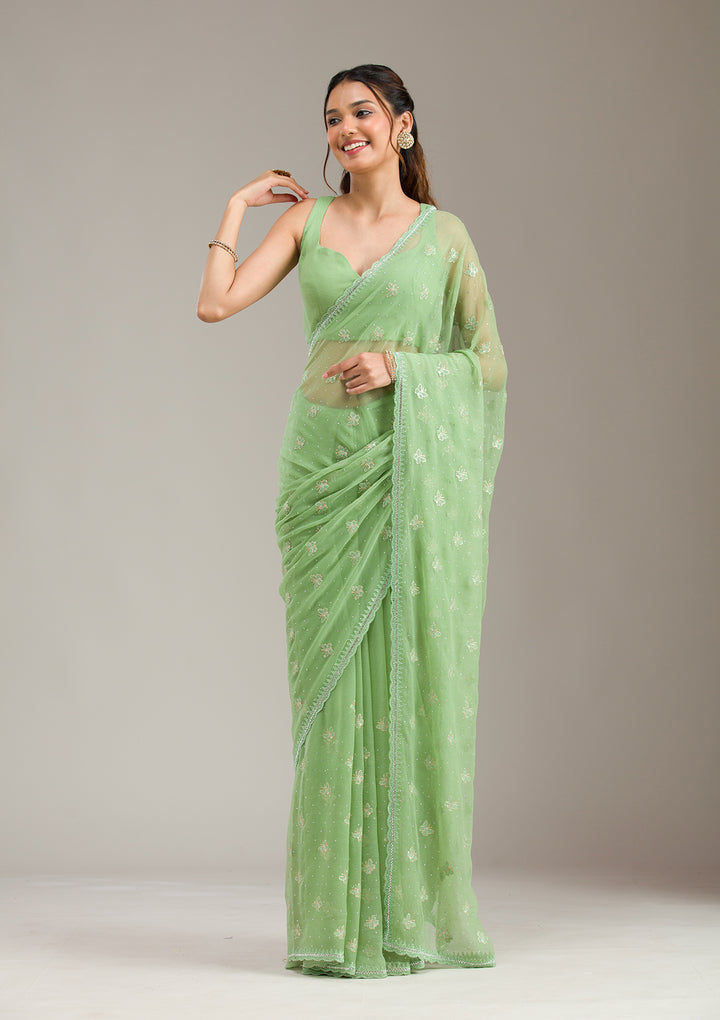 Pista Green Chiffon Threadwork Saree With Matching Blouse Piece