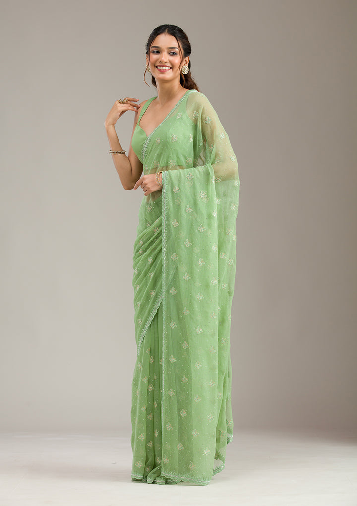 Pista Green Chiffon Threadwork Saree With Matching Blouse Piece