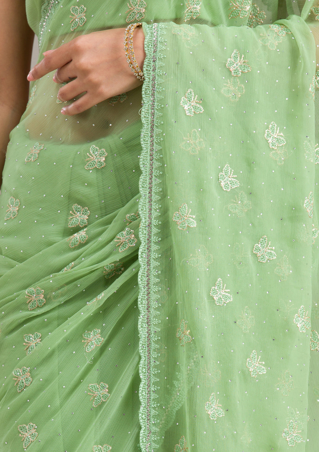 Pista Green Chiffon Threadwork Saree With Matching Blouse Piece