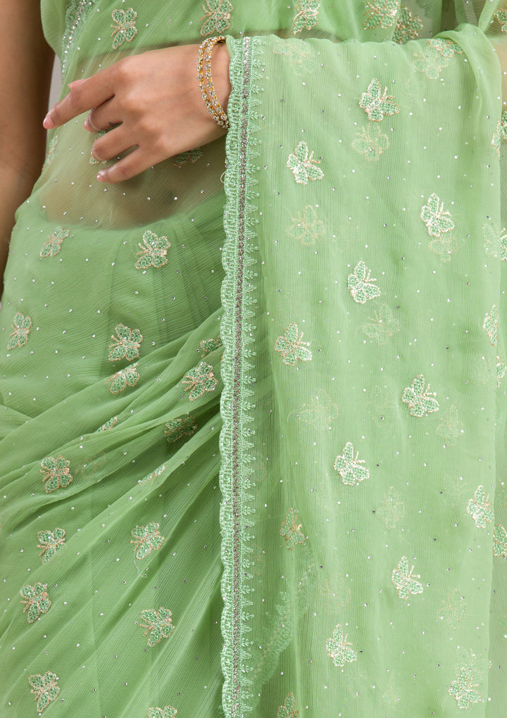 Pista Green Chiffon Threadwork Saree With Matching Blouse Piece