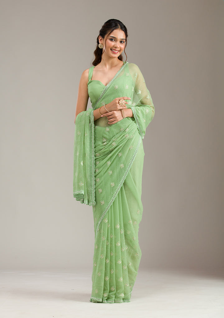 Pista Green Chiffon Threadwork Saree With Matching Blouse Piece