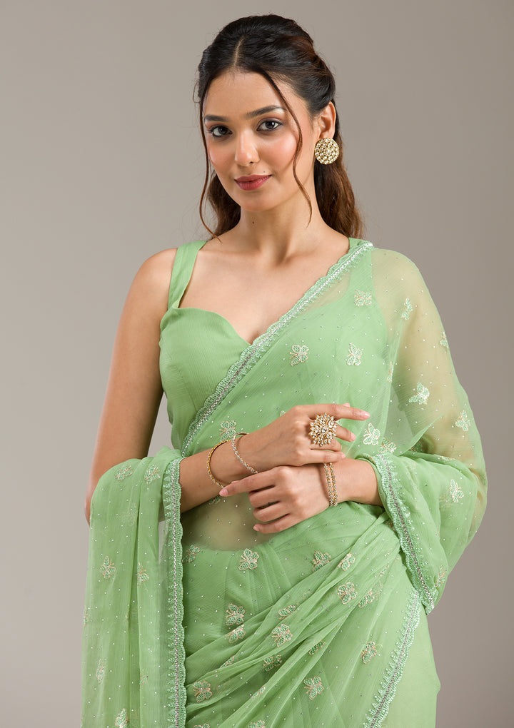 Pista Green Chiffon Threadwork Saree With Matching Blouse Piece