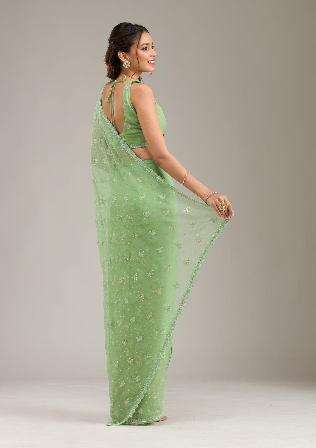 Pista Green Chiffon Threadwork Saree With Matching Blouse Piece