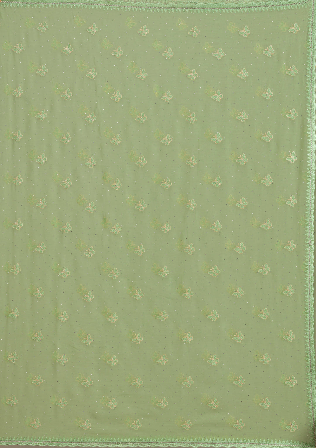 Pista Green Chiffon Threadwork Saree With Matching Blouse Piece
