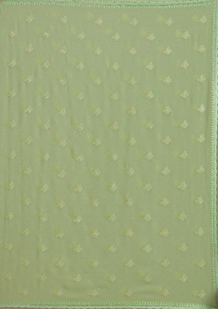 Pista Green Chiffon Threadwork Saree With Matching Blouse Piece