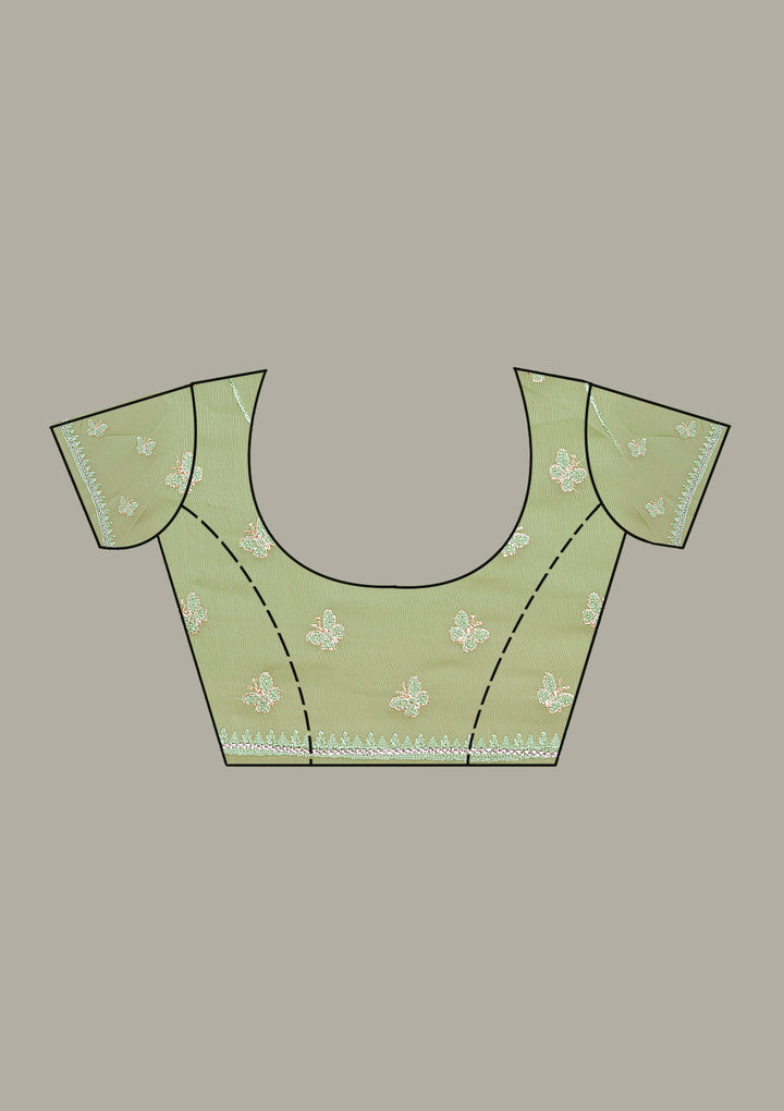 Pista Green Chiffon Threadwork Saree With Matching Blouse Piece
