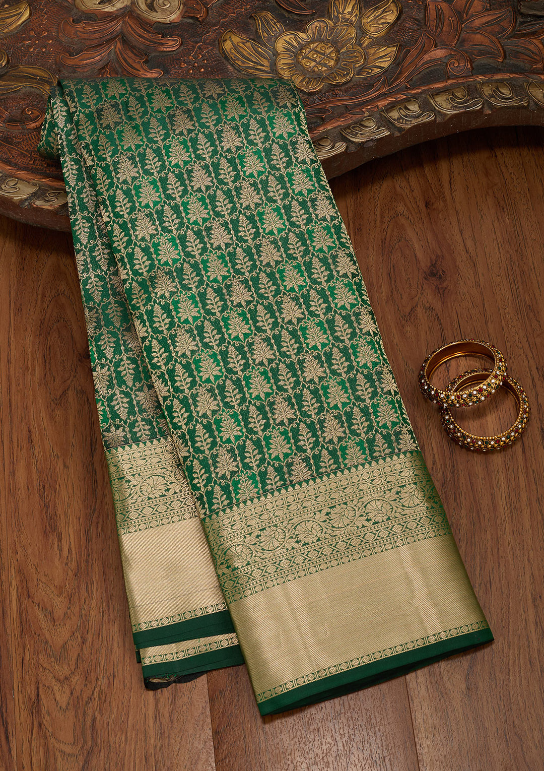 Bottle Green Silk Jaal Saree With Matching Blouse Piece