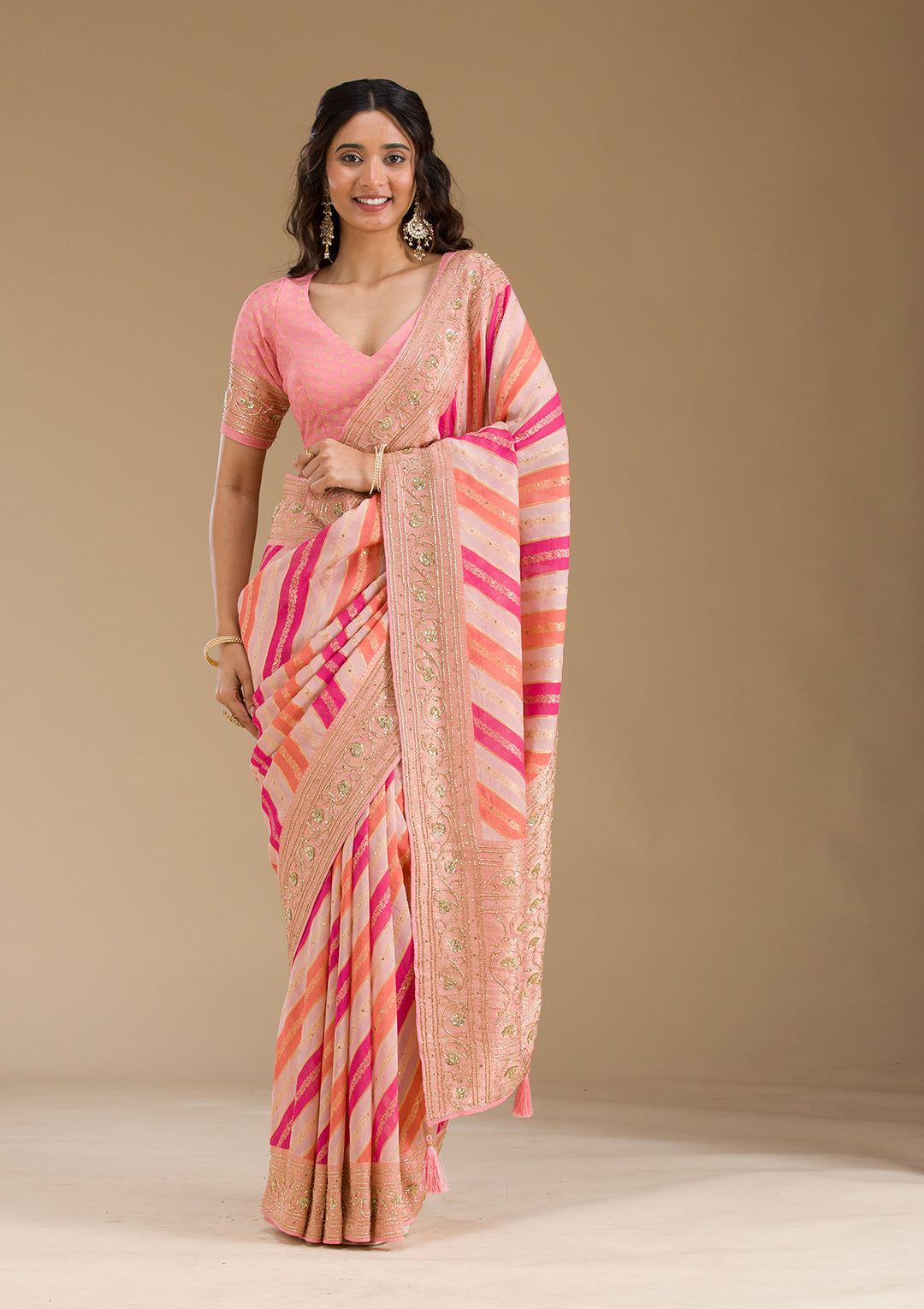 Pink Cutdana Silk Saree