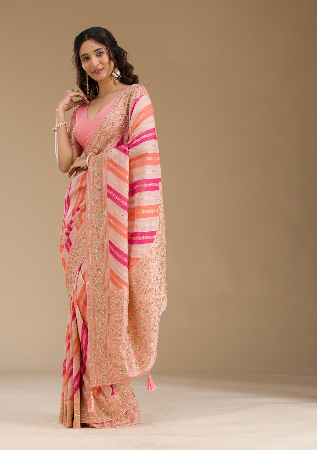 Pink Cutdana Silk Saree