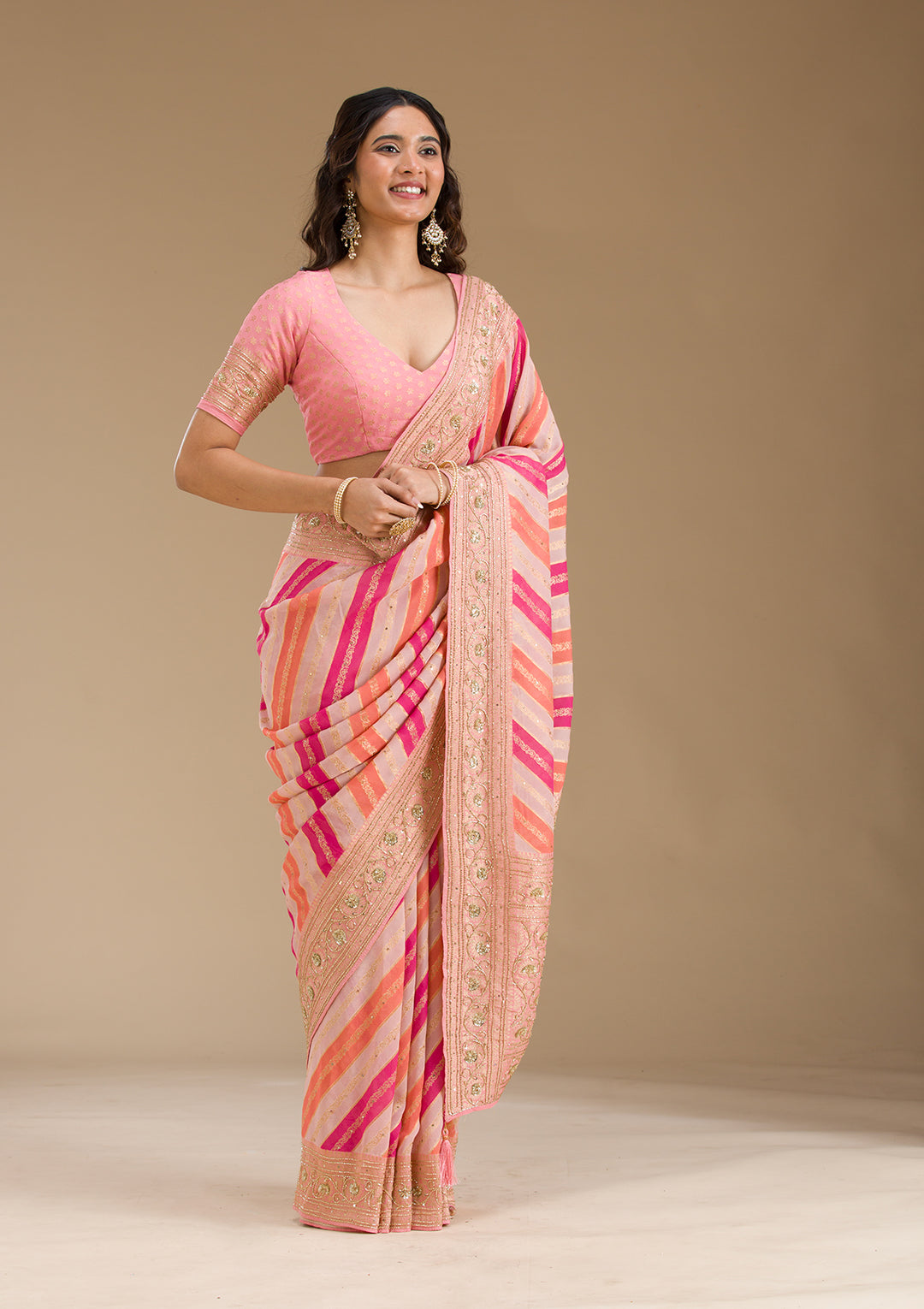 Pink Cutdana Silk Saree