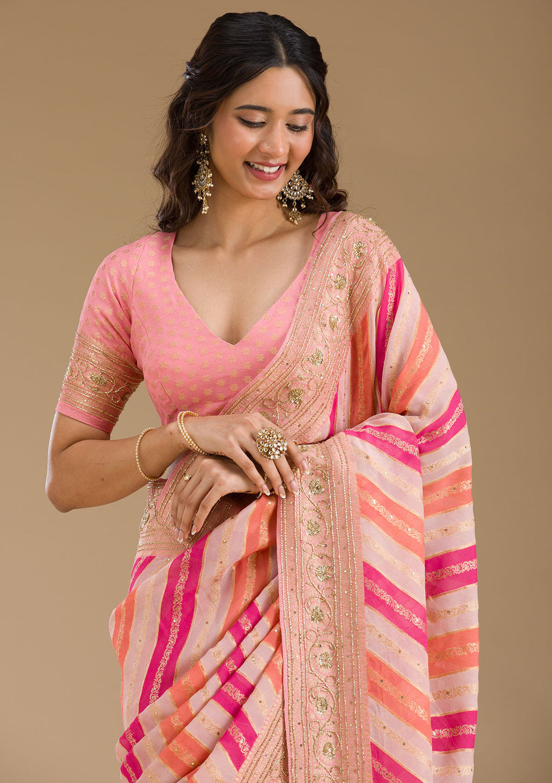 Pink Cutdana Silk Saree