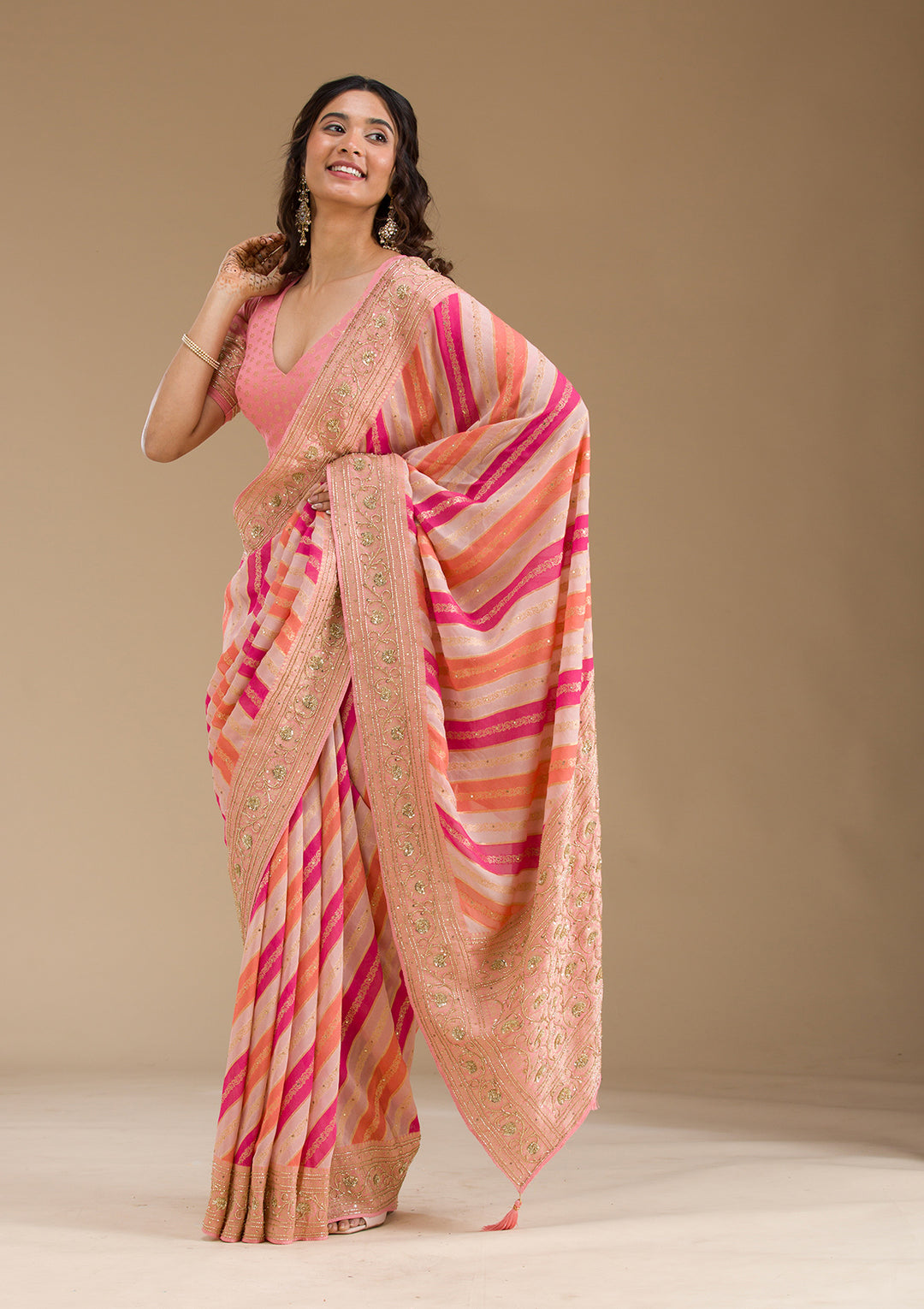 Pink Cutdana Silk Saree
