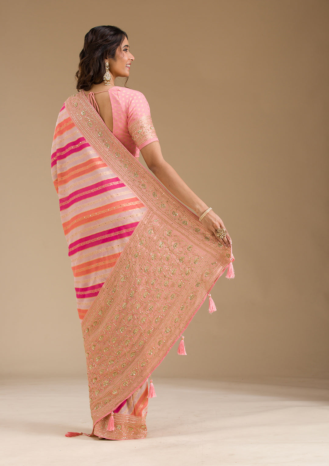 Pink Cutdana Silk Saree