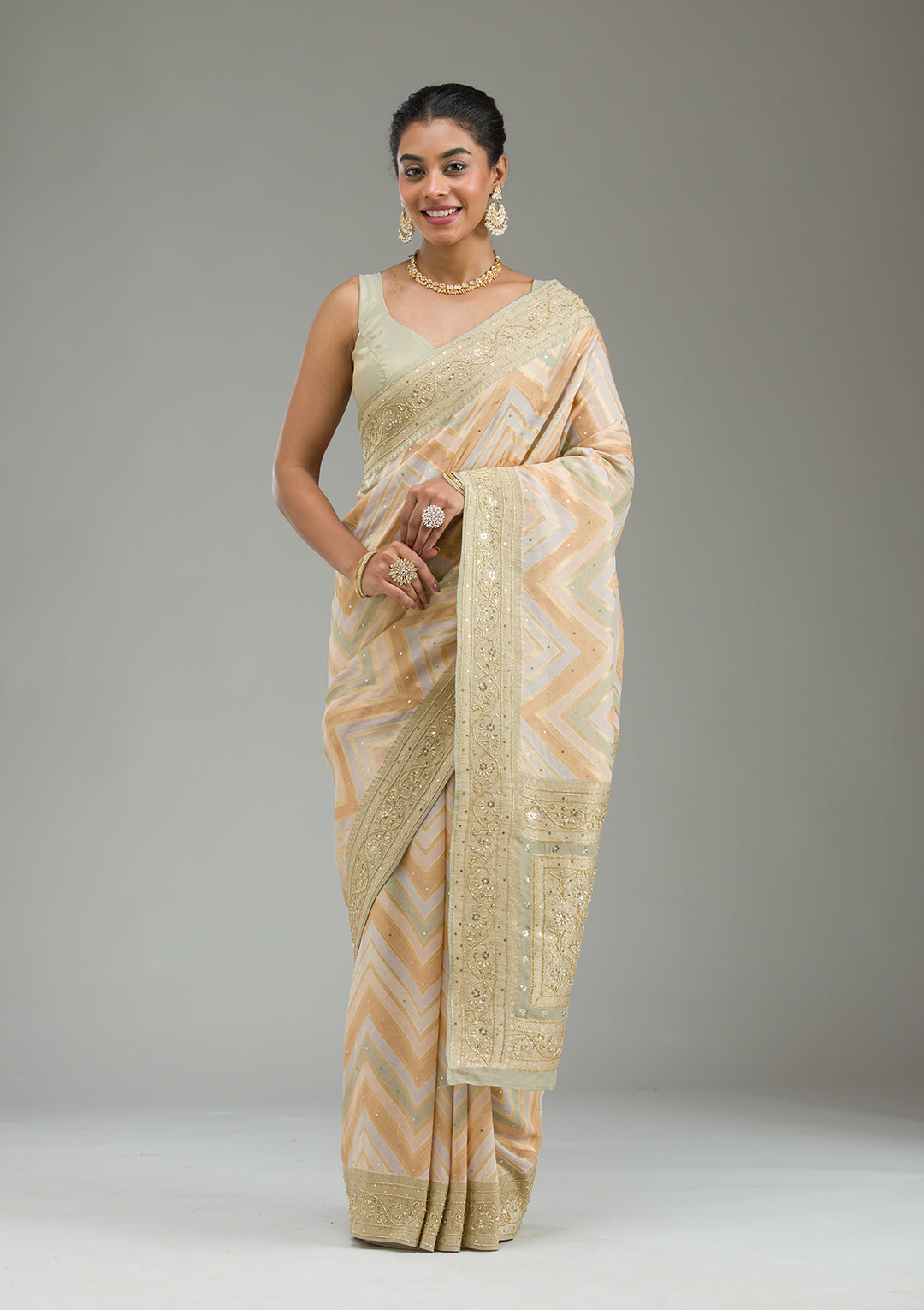 Pista Green Silk Stripes Cutdana Saree With Matching Blouse Piece