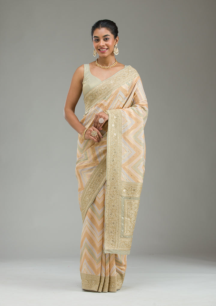 Pista Green Silk Stripes Cutdana Saree With Matching Blouse Piece