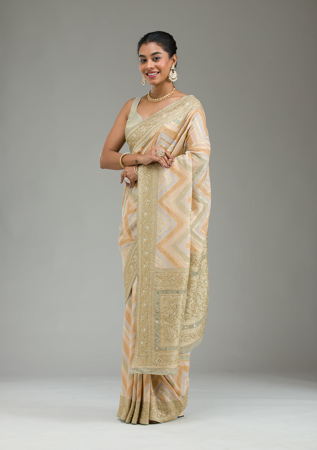 Pista Green Silk Stripes Cutdana Saree With Matching Blouse Piece