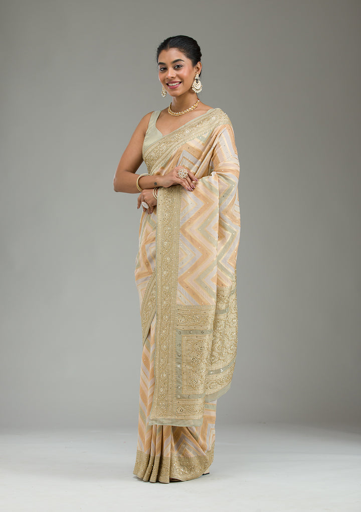 Pista Green Silk Stripes Cutdana Saree With Matching Blouse Piece